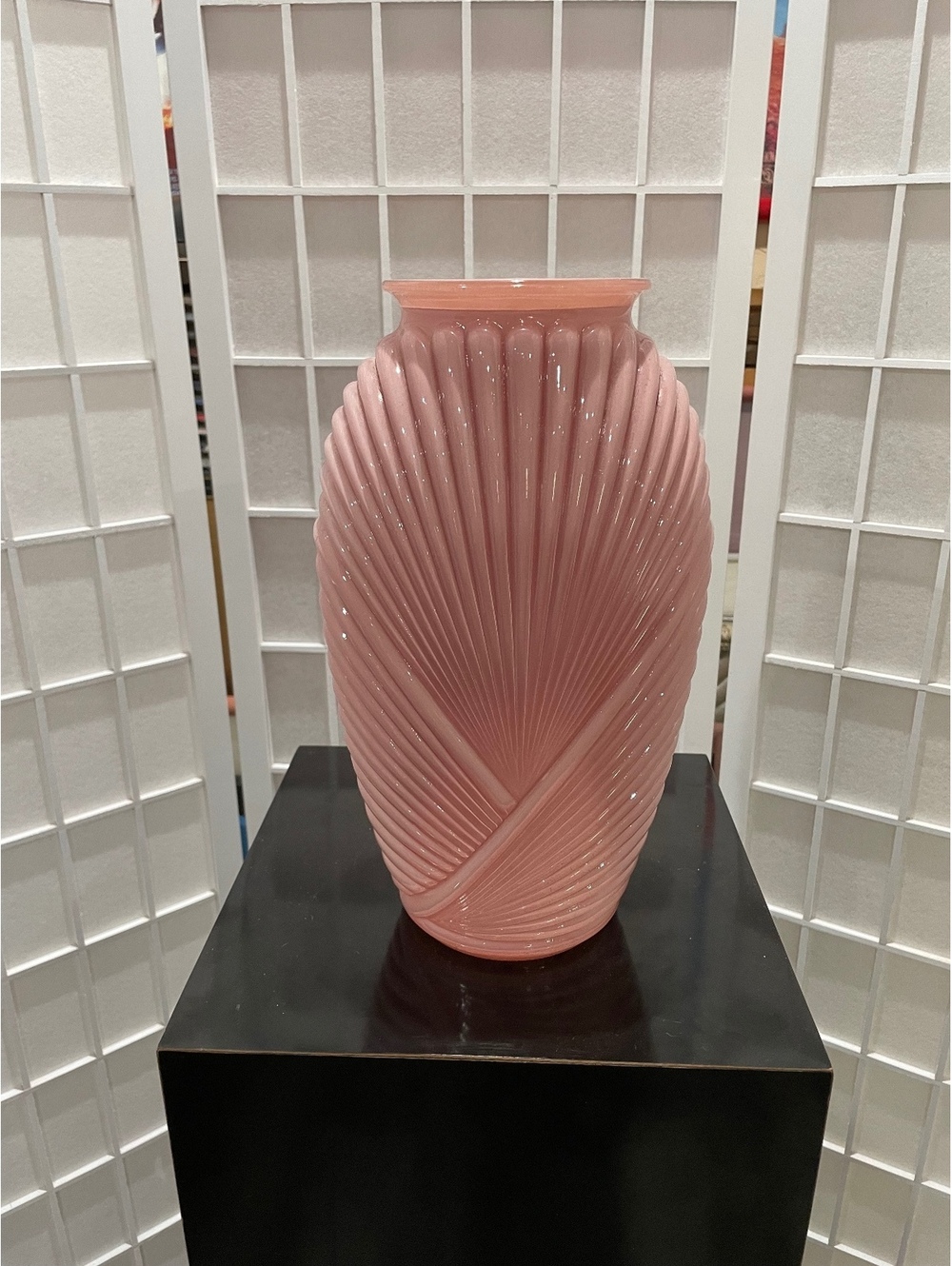 Vintage Pink Glass Art Deco Style Vase with Ribbed Design